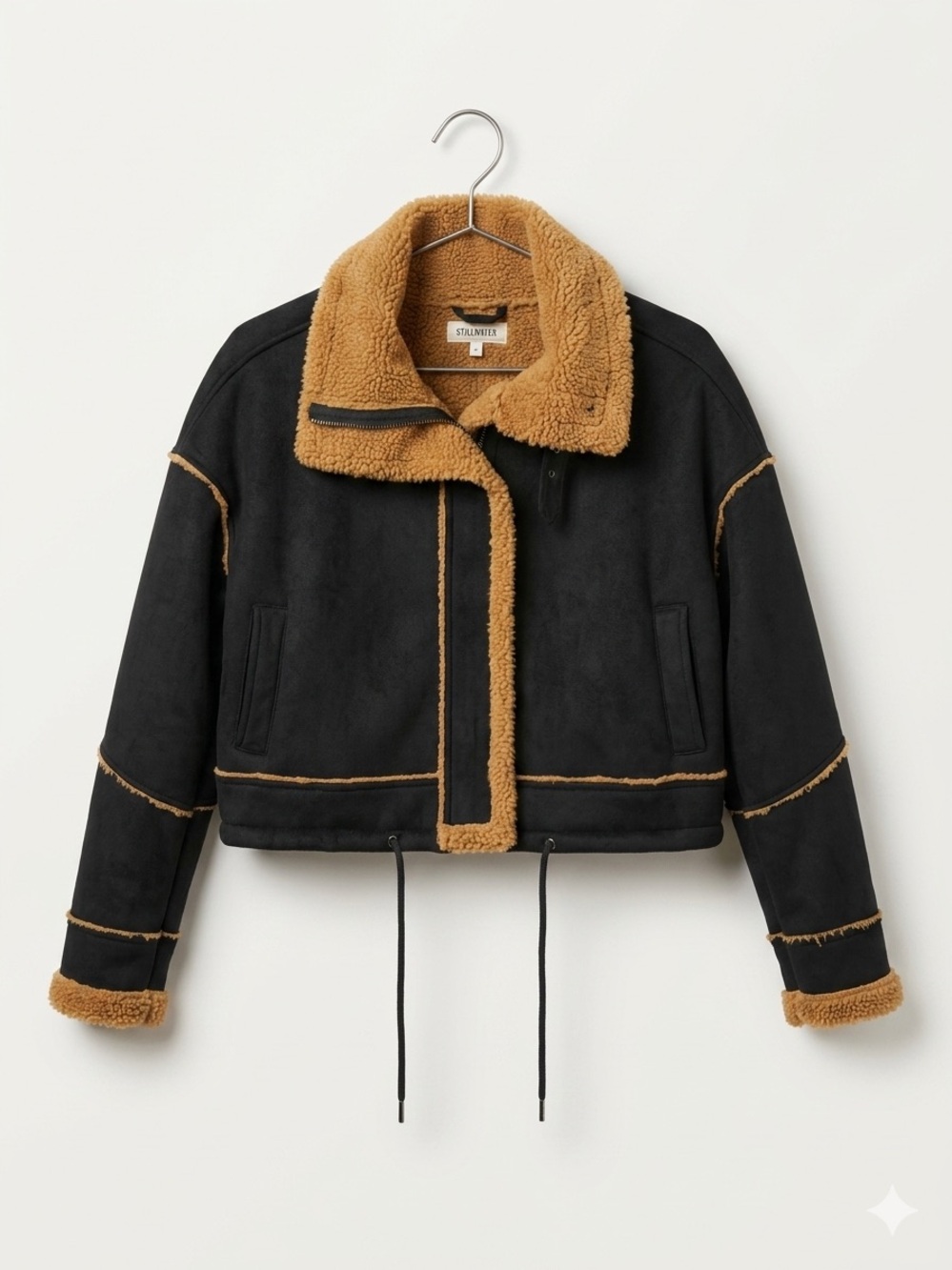 Stella Tweed Black faux suede Aviator Jacket with Tan Shearling Trim - size s